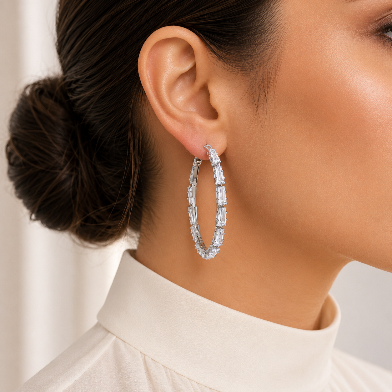 Silver Oval Baguette Hoops