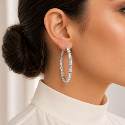 Silver Oval Baguette Hoops
